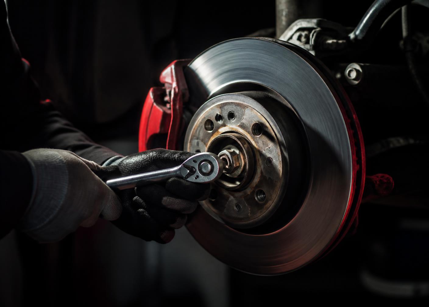 Profissional realizando manutenção no sistema de freios de um carro